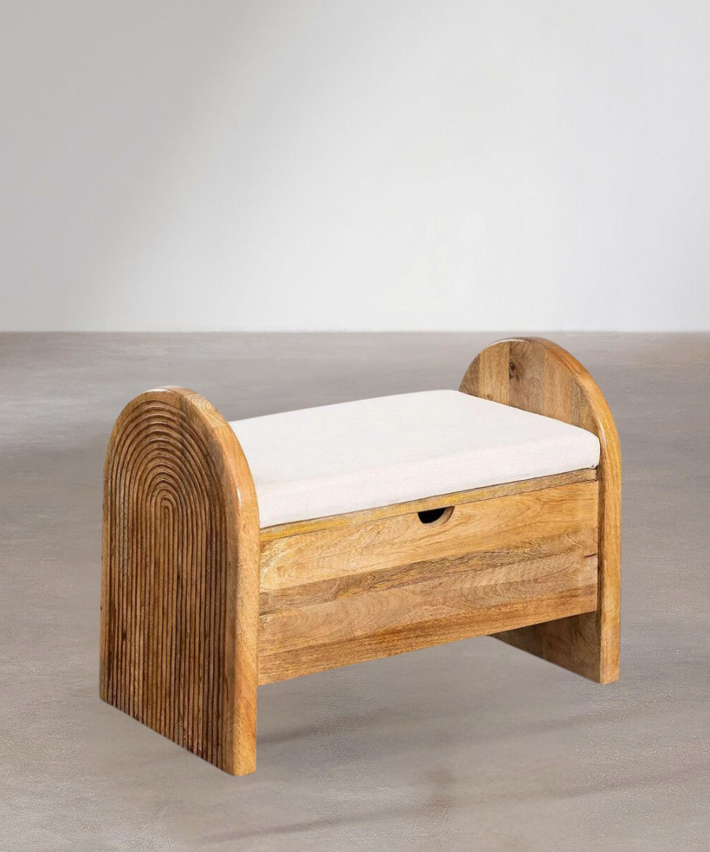 Hand-carved wooden storage trunk with upholstered seat – front view