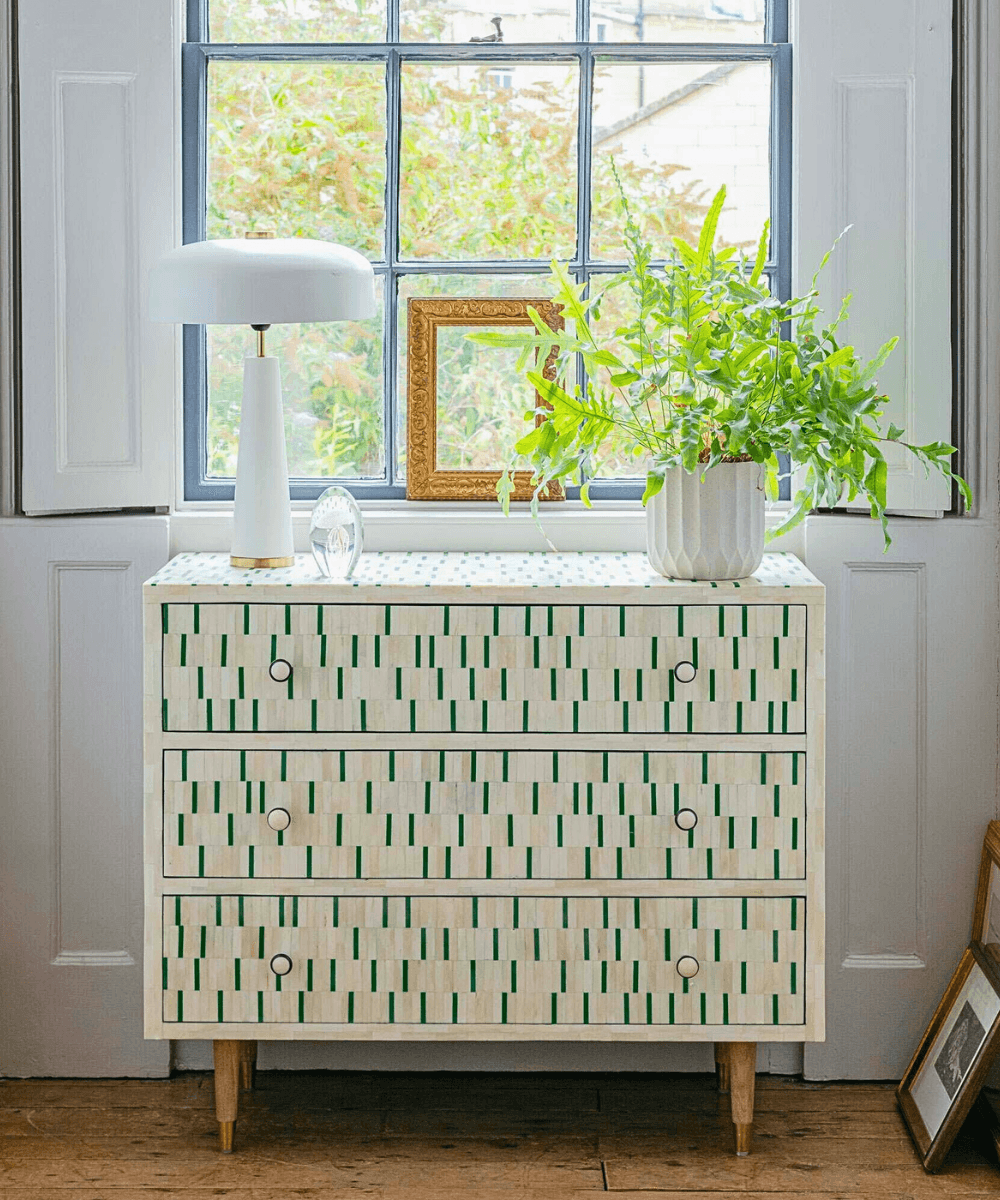 Niktan Export Bone Inlay Elegant Green Stripe Mango Wood Chest of Drawers - NikTan Export
Front view of Green Stripe Bone Inlay Chest of Drawers