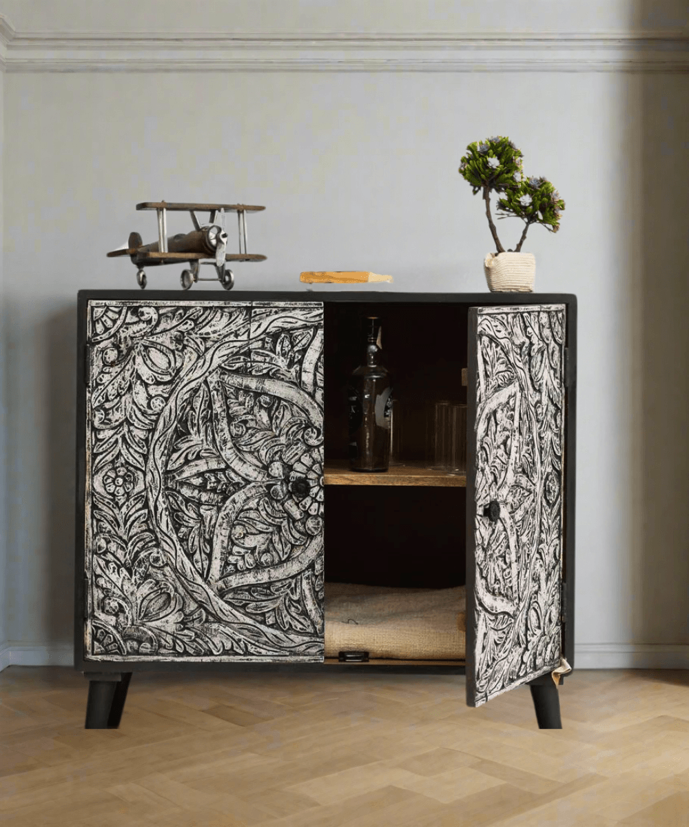 Open view revealing interior shelf storage