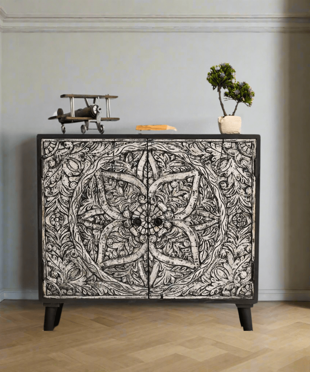 Front view of Ellora Mango Wood Sideboard with intricate carvings