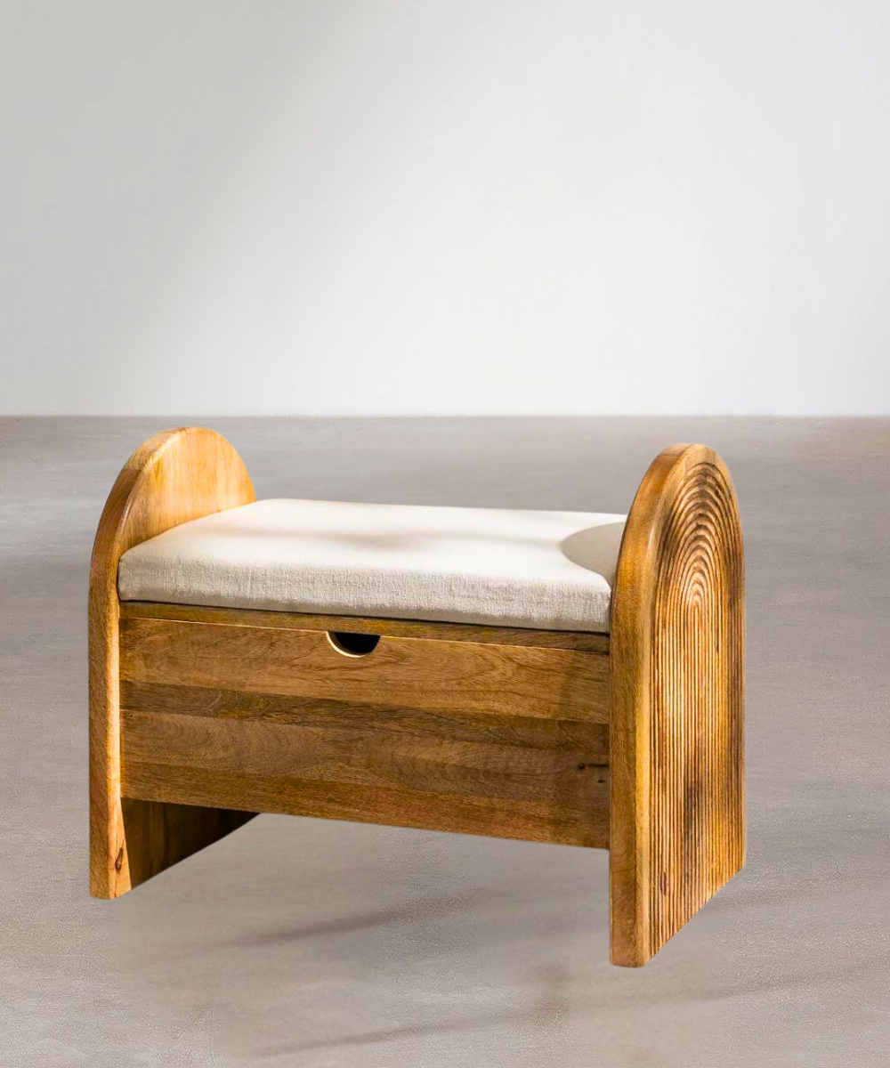 Close-up of detailed floral wood carvings on the trunk surface