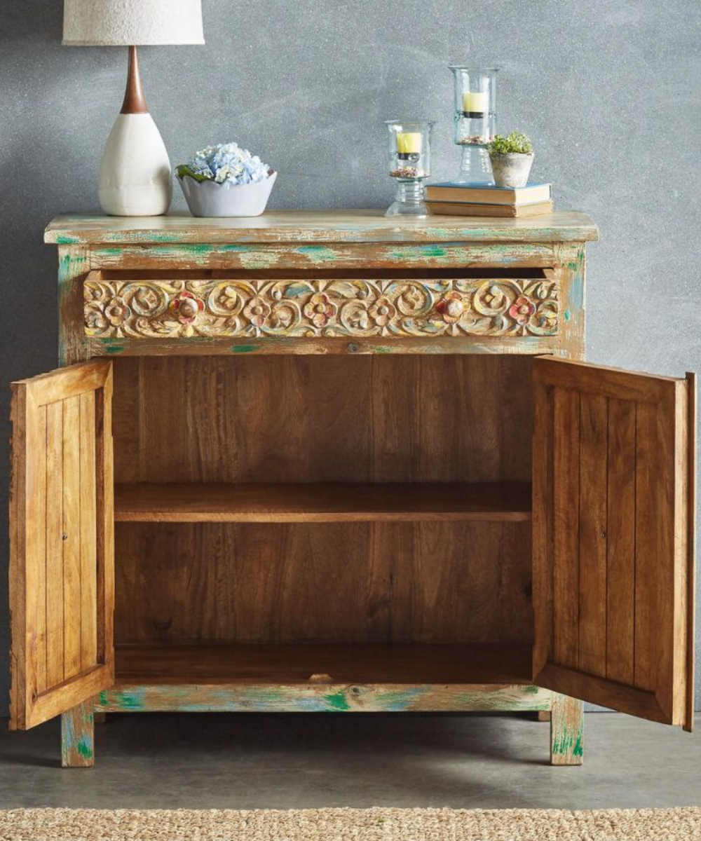 Sideboard close-up showing intricate carvings