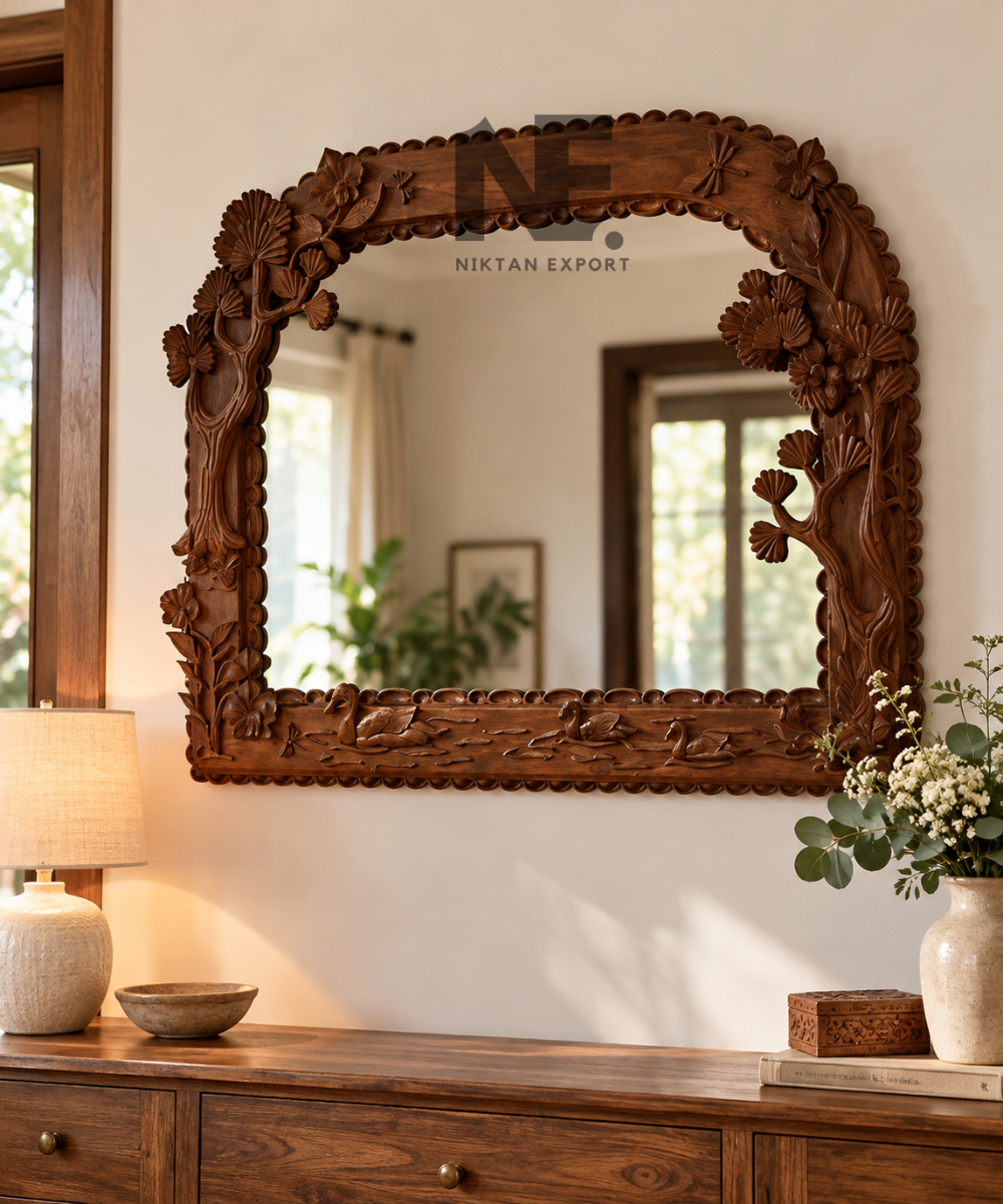 Front view of an ornate brown wooden wall mirror