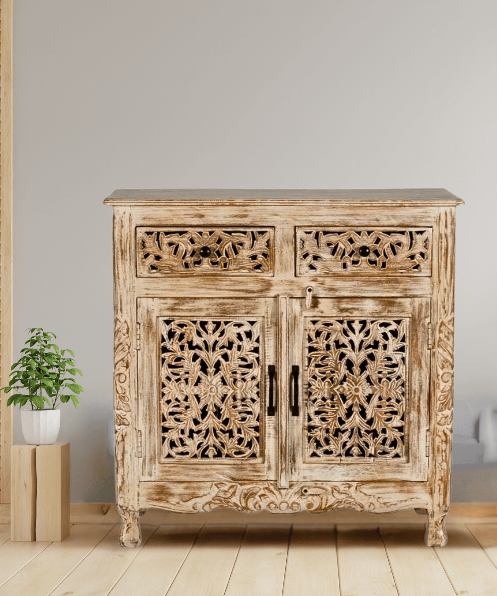 Niktan Export Solid Wood Cabinet Rustic Distress with Intricate Drawers - NikTan Export
Front view of EVERETT Carved Wooden Cabinet with distressed white finish