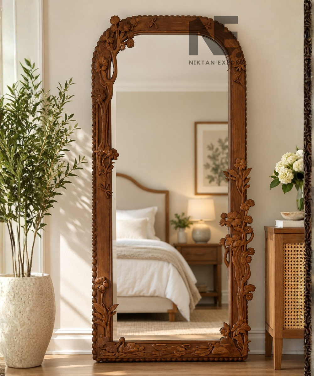 Hand-Carved Wooden Floor Mirror Floral Arched Full-Length Mirror