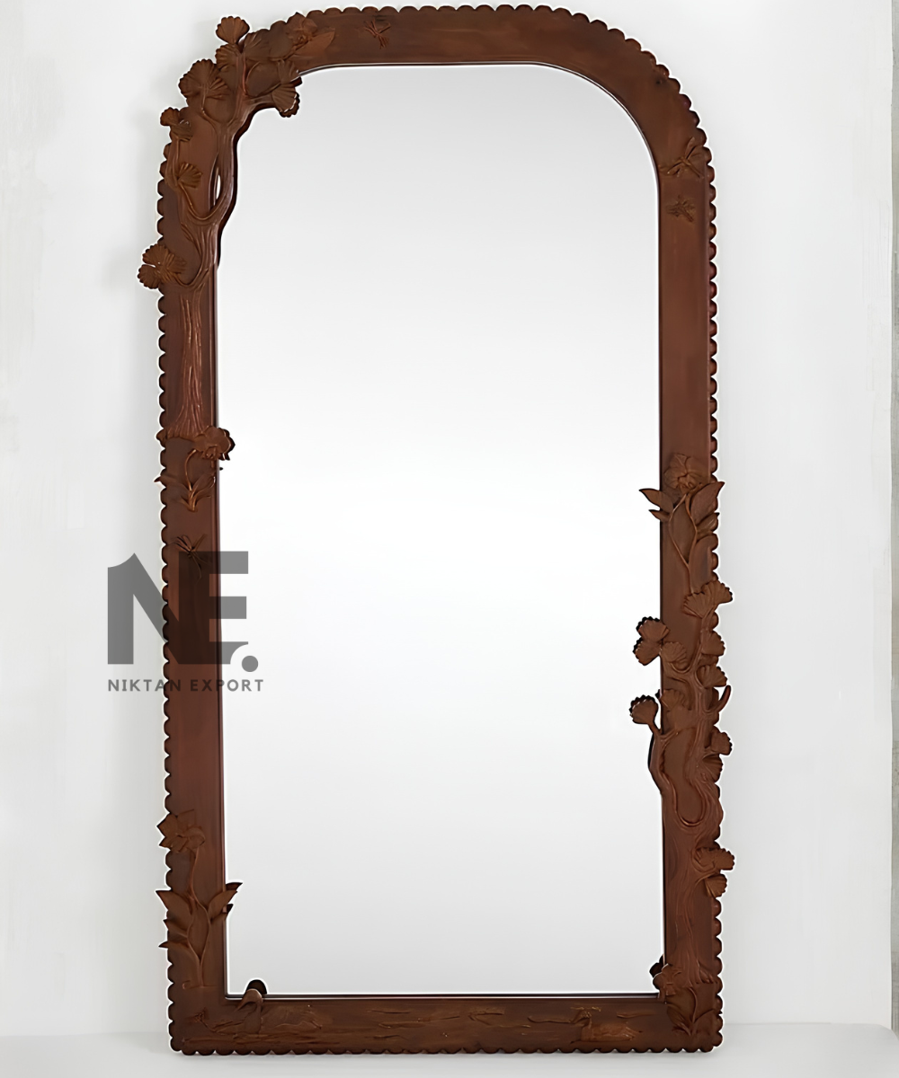 Hand-Carved Wooden Floor Mirror Floral Arched Full-Length Mirror