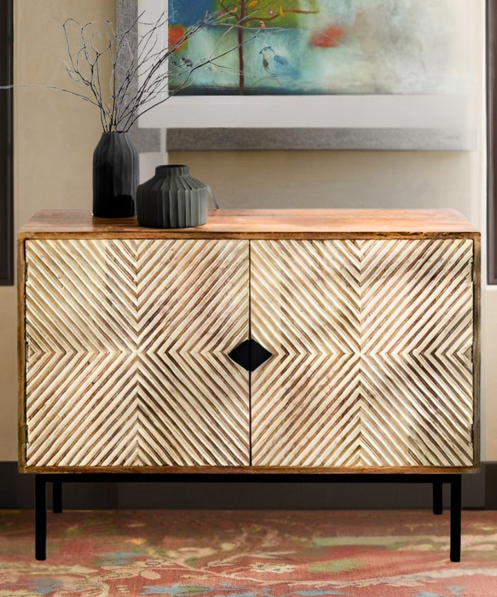 Front view of the Solid Wood Geometric Sideboard showcasing its stylish design