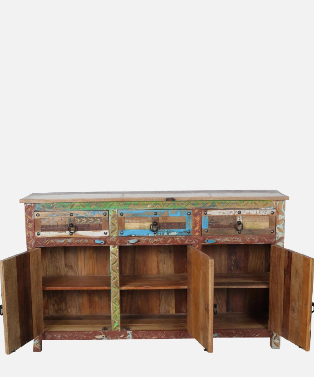 Close-up of colorful carved door design