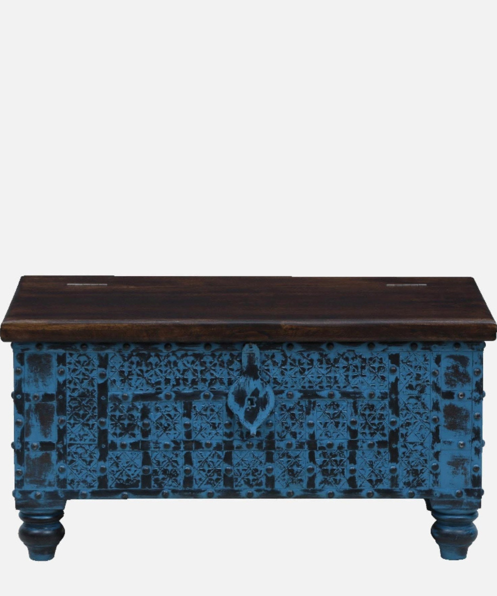 Close-up of distressed blue paint and wood texture
