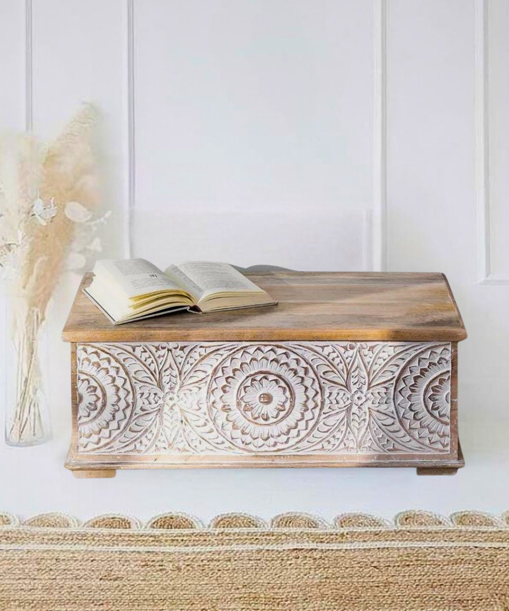 Front view of the Solid Wood Ghera Floral White Trunk with intricate carvings