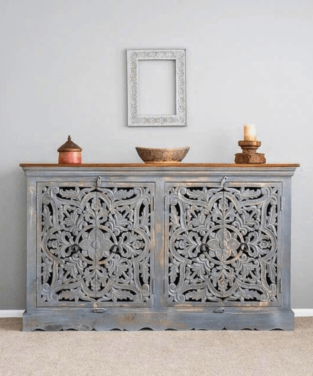 Niktan Export Artisan Carved Wooden Sideboard - NikTan Export
Grey mango wood sideboard with hand-carved floral patterns