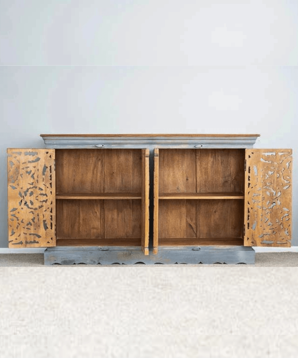 Front view of carved sideboard with drawers and cabinets