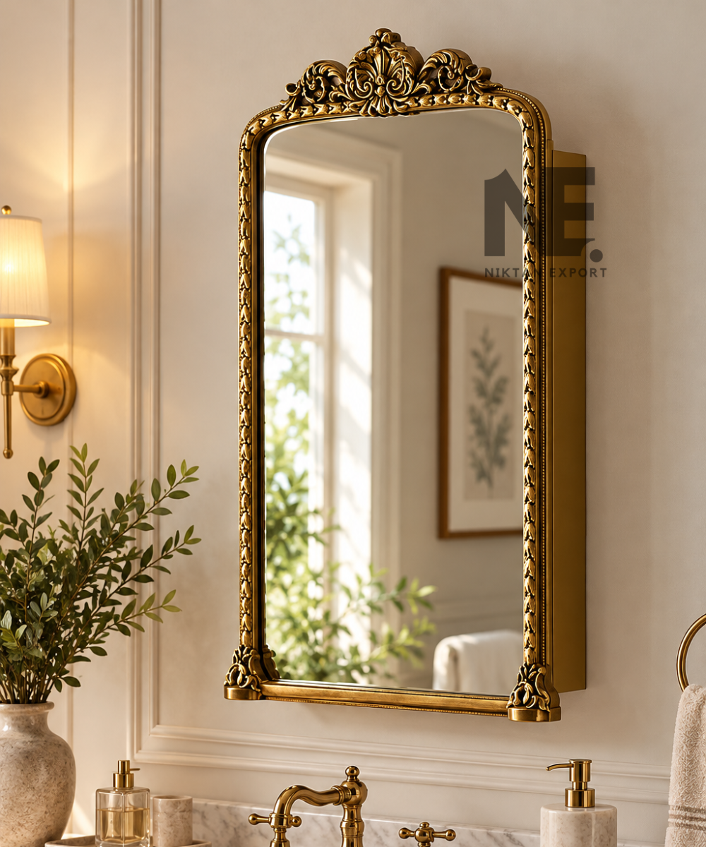 Ornate gold bathroom cabinet with mirrored door