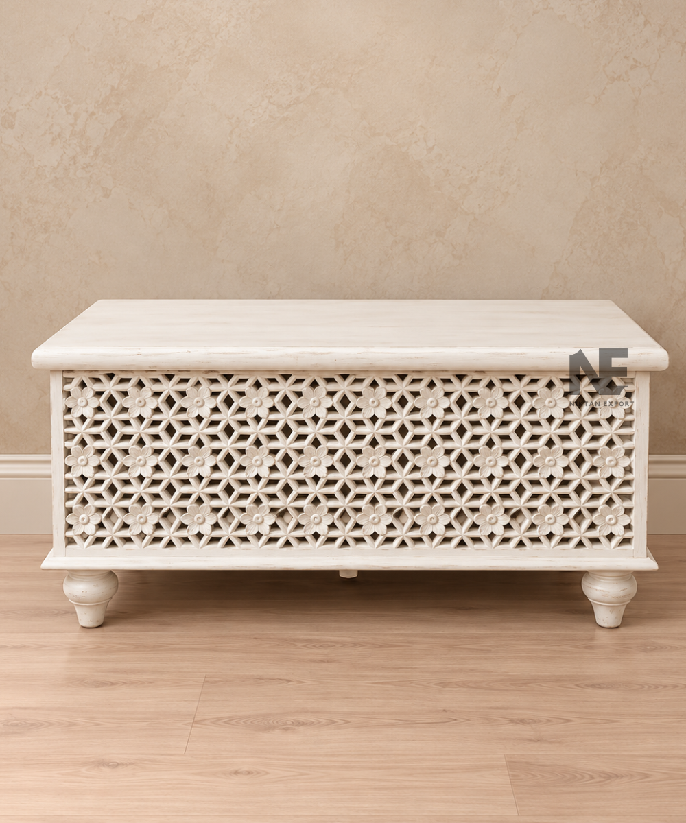 Close-up of geometric lattice carving on wooden storage trunk