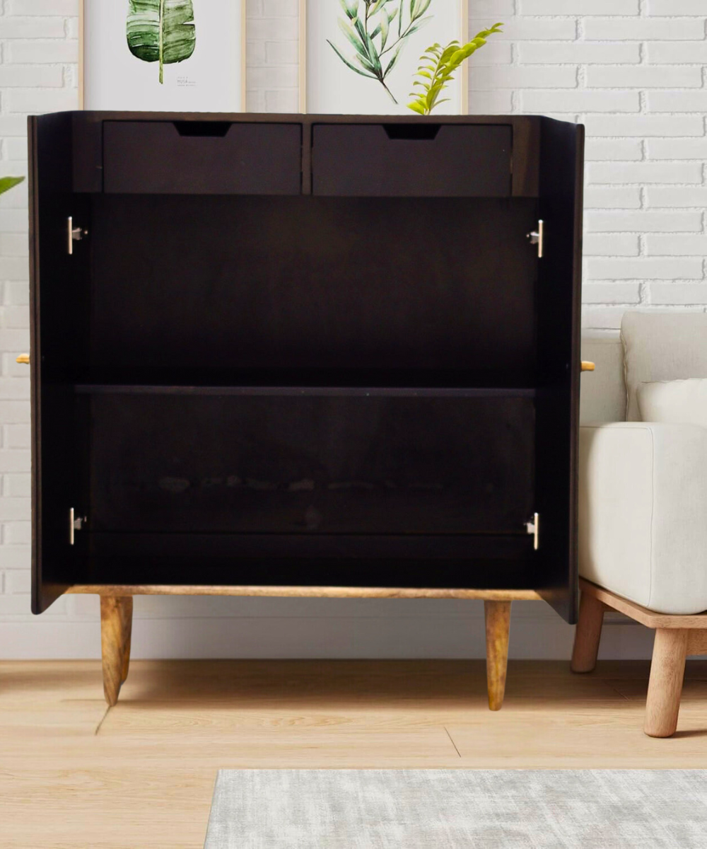 Niktan Export Bone Inlay 2 Door Cabinet with Wooden Legs – Navy Swan Pattern, Elegant Handmade Storage