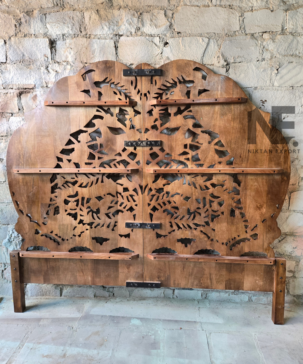 Floral carving details on a solid wood headboard