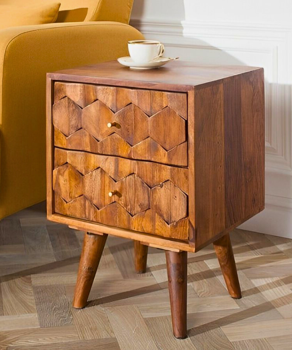 MYSTIC LIVING Solid Wood Bedside Table with 3D drawer pattern