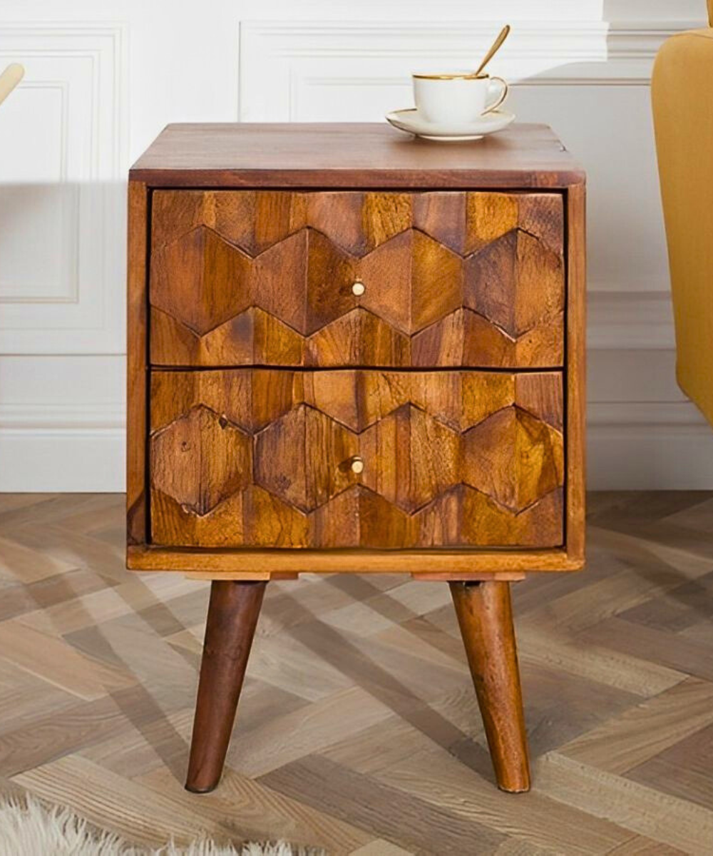 Close-up of handcrafted 3D pattern on drawers