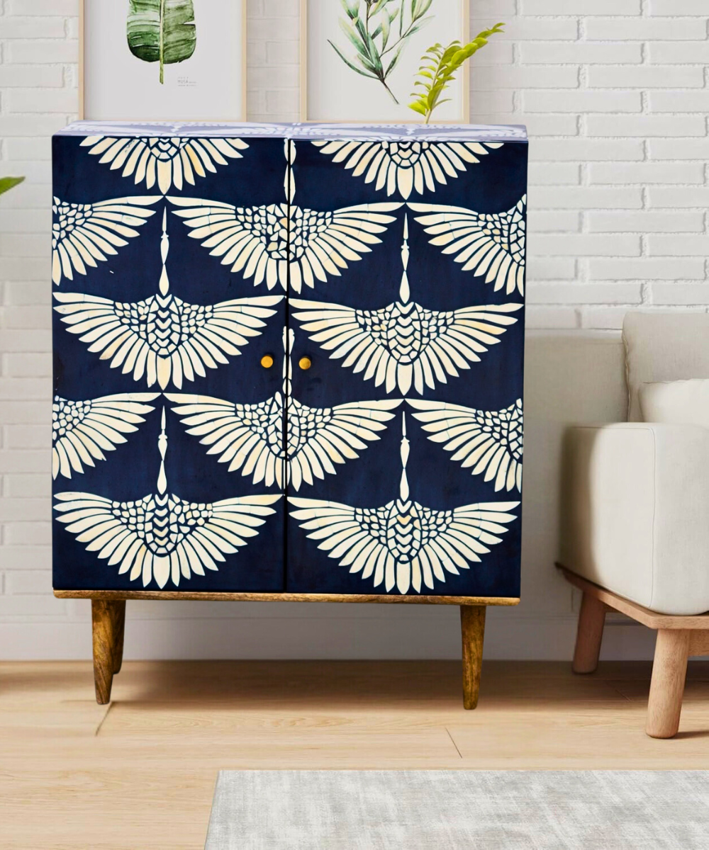 Niktan Export Bone Inlay 2 Door Cabinet with Wooden Legs – Navy Swan Pattern, Elegant Handmade Storage
