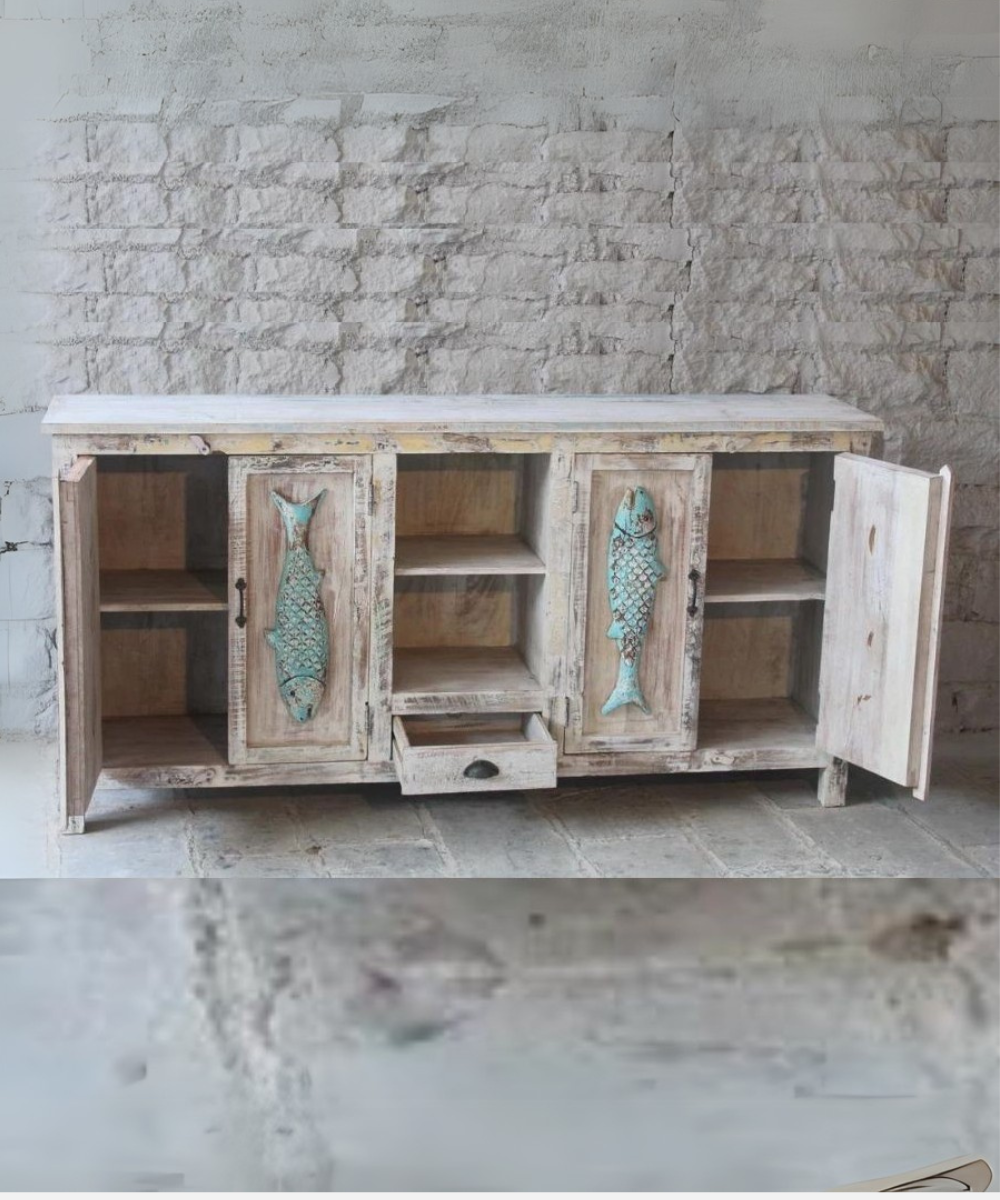 Close-up of the vintage finish on cabinet doors