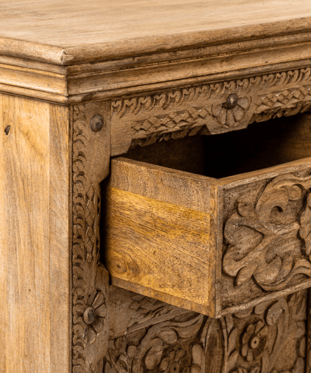 Front view of the Wooden Carved Sideboard in natural finish