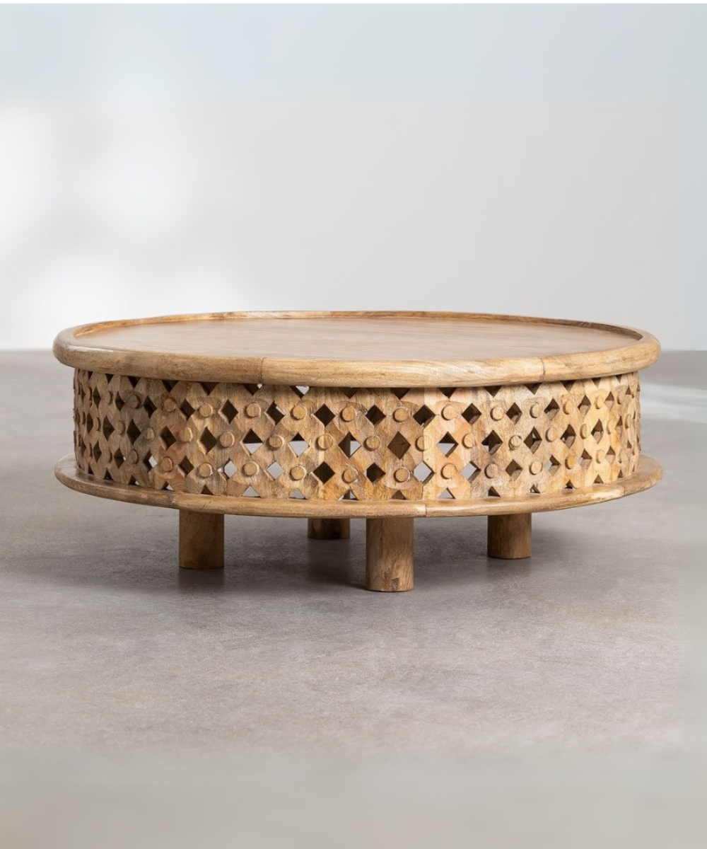Boho Round Carved Coffee Table - Home Decor Setup