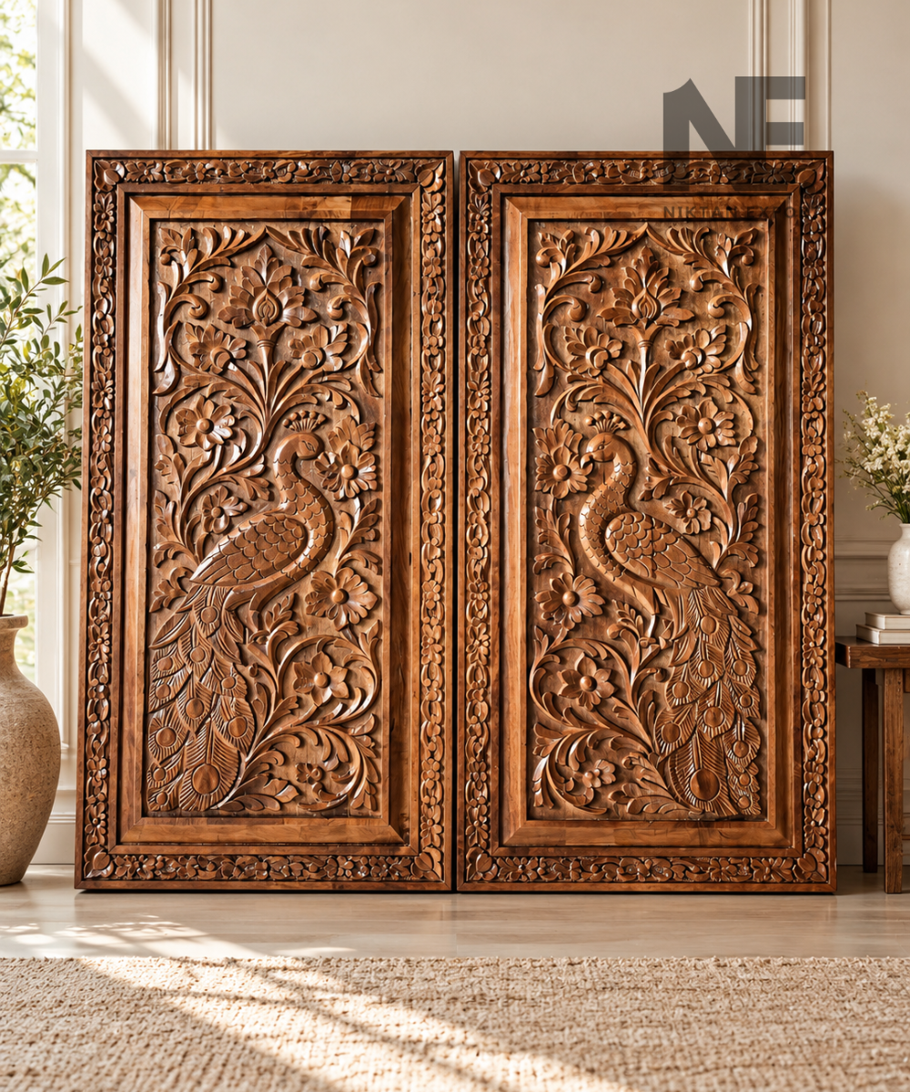 Hand-carved wooden peacock wall panels with floral detailing
