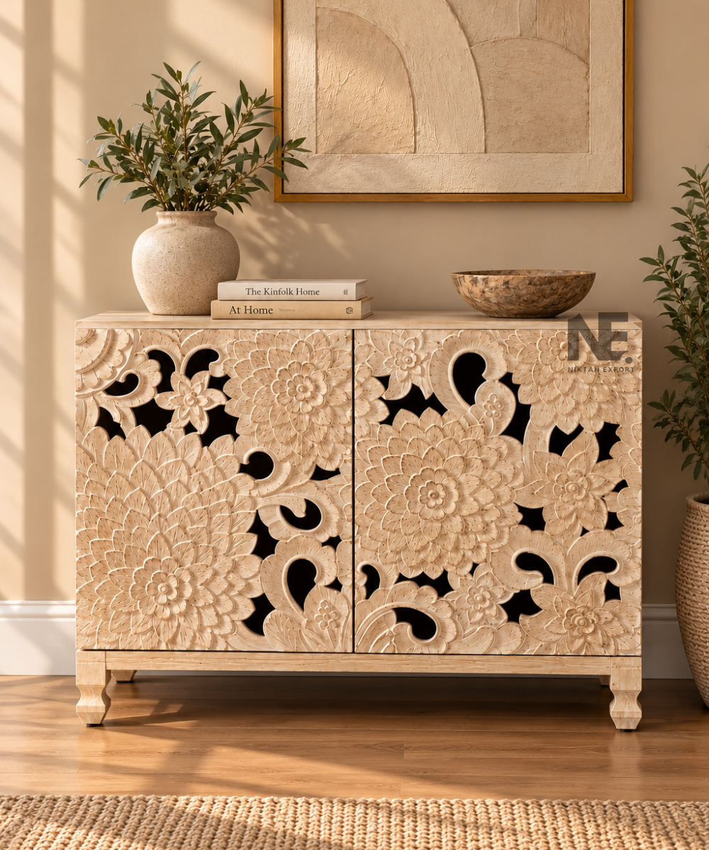 Carved wooden sideboard with floral cutout doors in natural finish