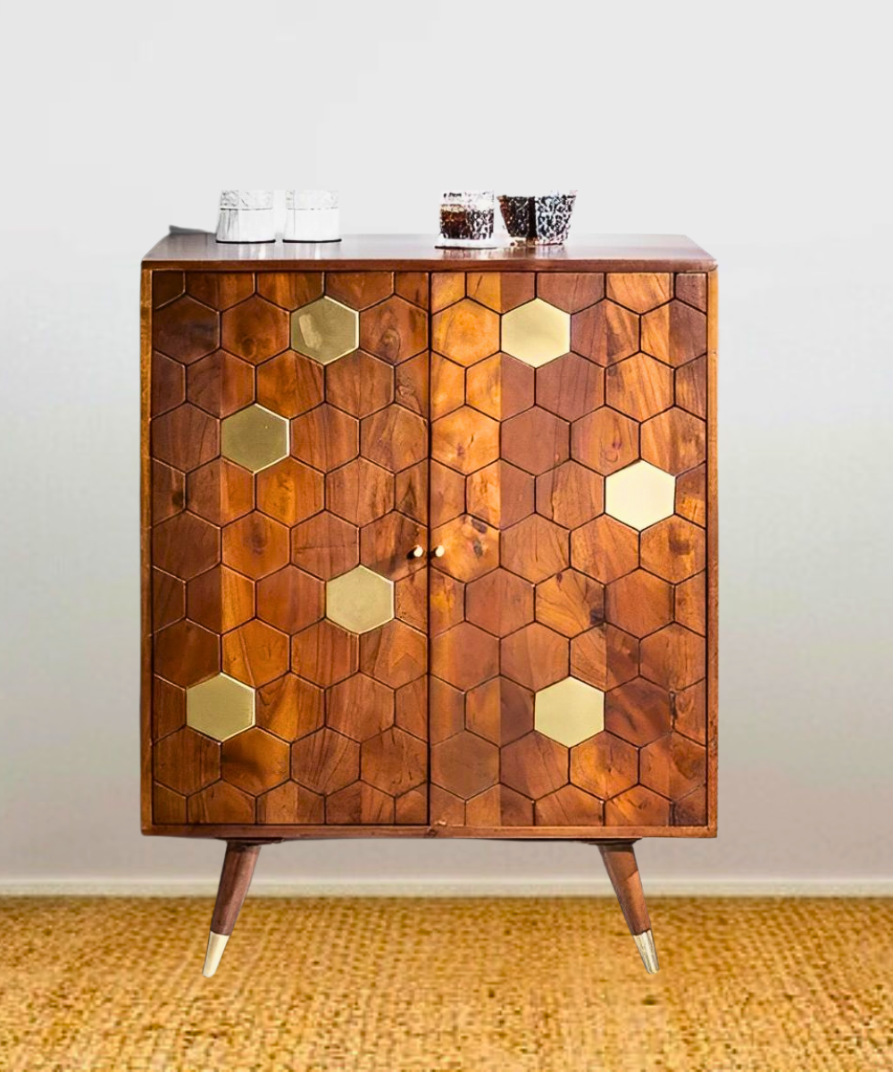 Mystic Living Bar Cabinet – Elegant Acacia Wood & Gold Honeycomb Design