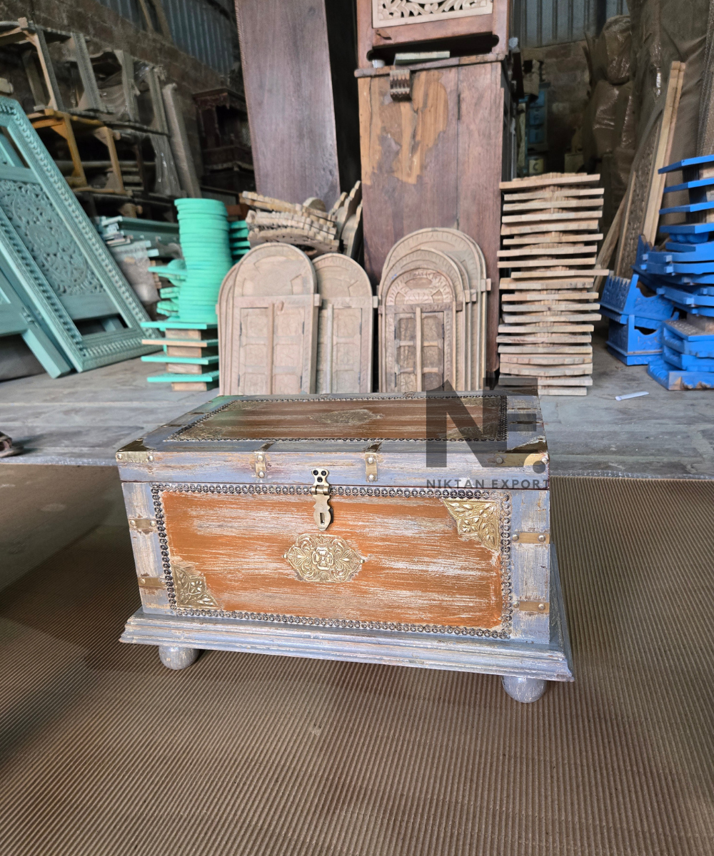 Front view of vintage wooden storage chest