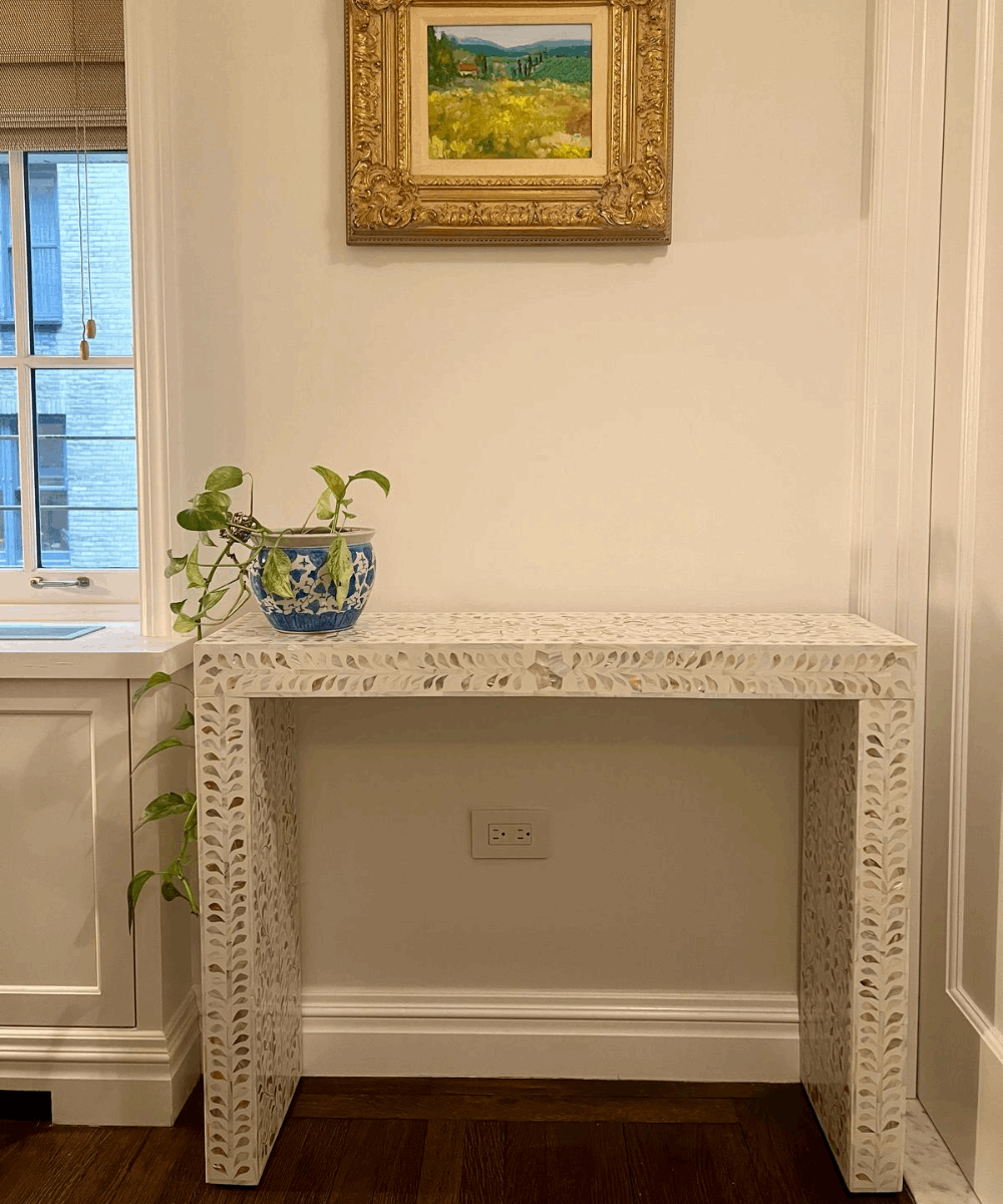 White floral Mother of Pearl console table front view