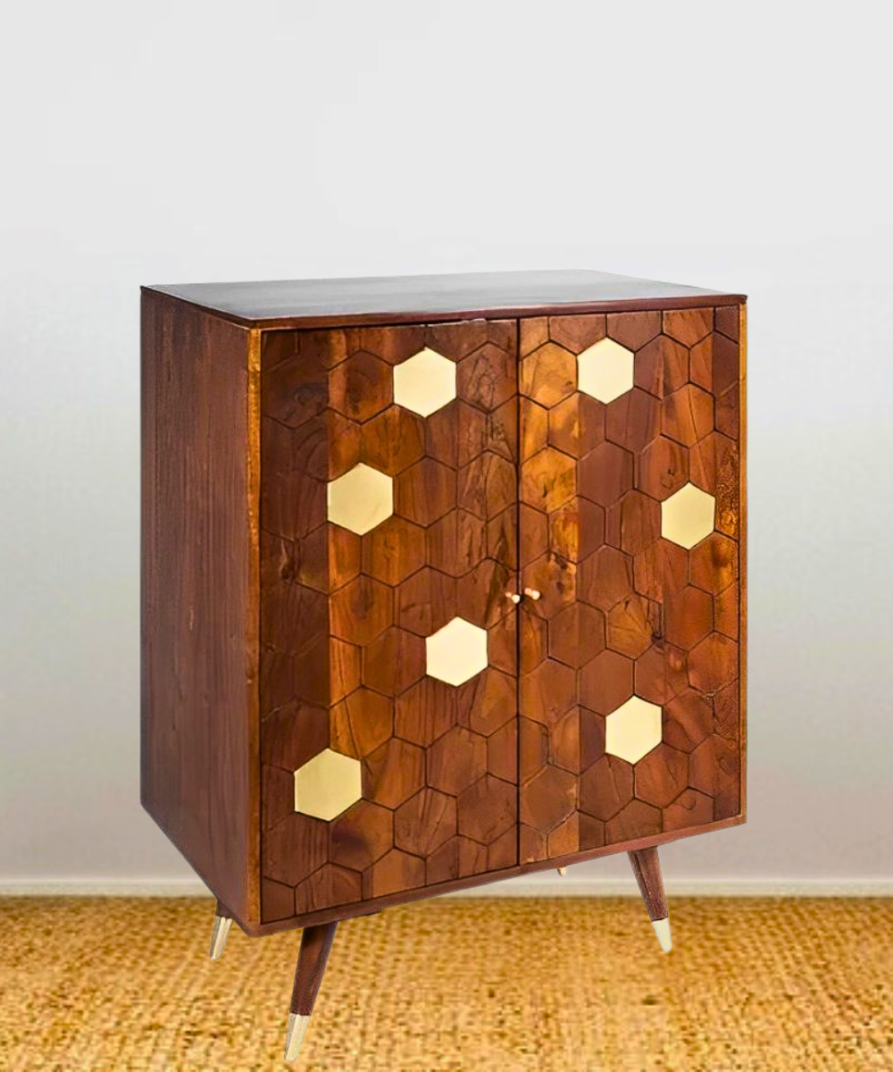 Front view showcasing rich brown finish & golden accents