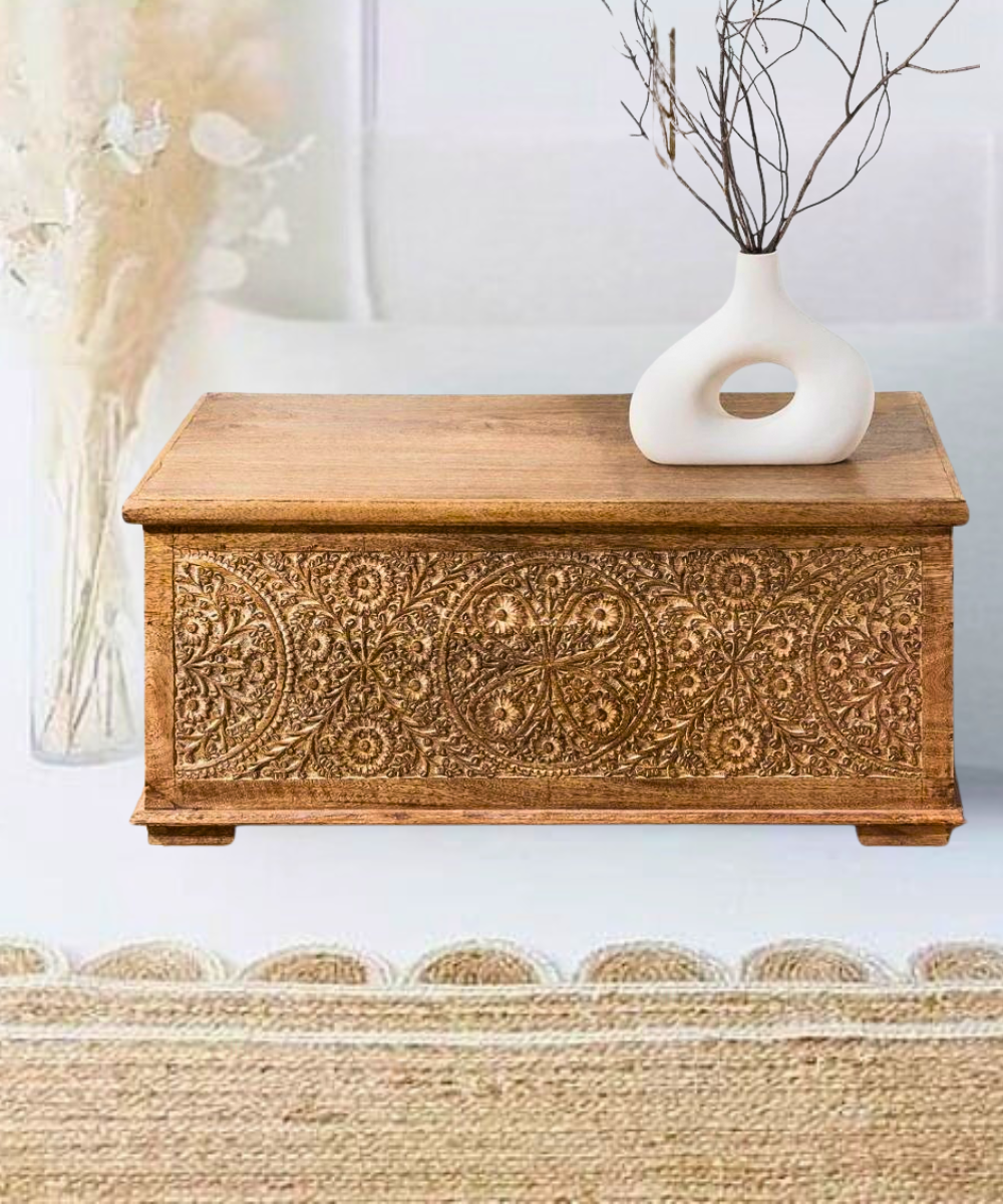 Hand-Carved Floral Mango Wood Trunk – Elegant Storage Solution
