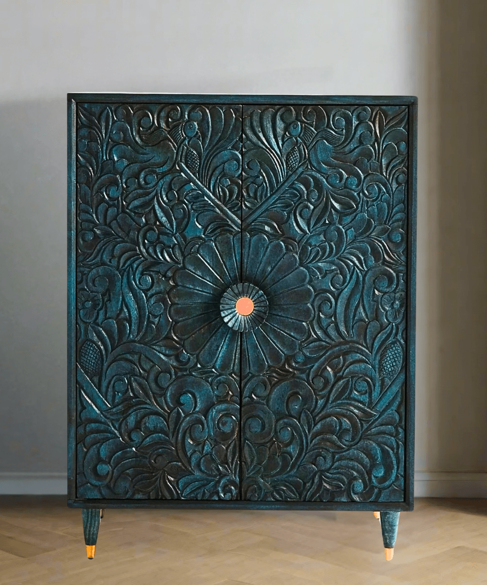 Niktan Export Handcrafted Wooden Storage Cabinet Unit with Carvings (Vintage Indigo Finish) - NikTan Export
Indigo antique wooden carved storage unit front view