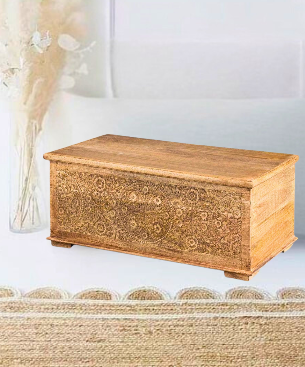 Boho-Inspired Wooden Chest with Intricate Floral Carvings