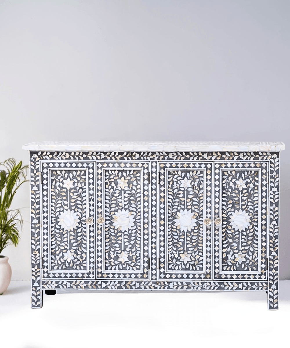 Niktan Export Floral Mother of Pearl Sideboard Handcrafted Unique Piece - NikTan Export
Grey Floral Mother of Pearl Sideboard – Front View
