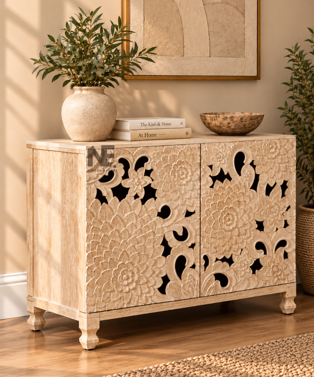 Front view of floral carved wooden sideboard cabinet