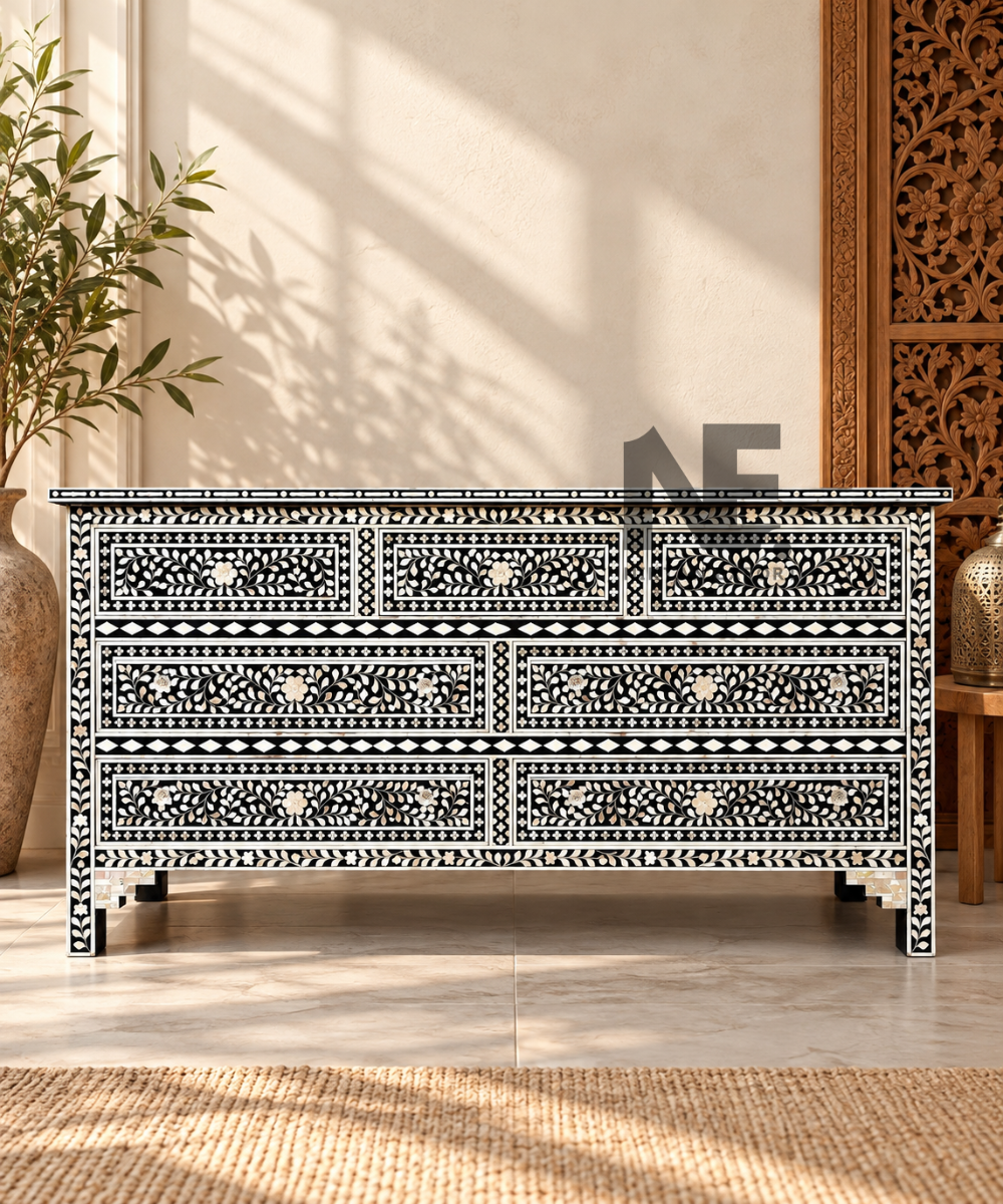 Black mother of pearl sideboard with floral inlay