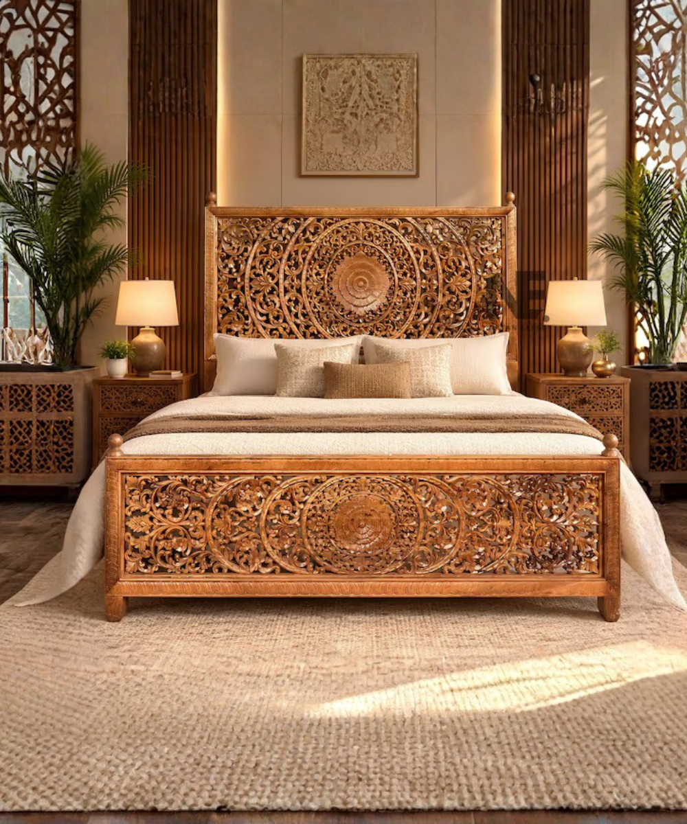 Hand carved wooden king bed with ornate floral headboard