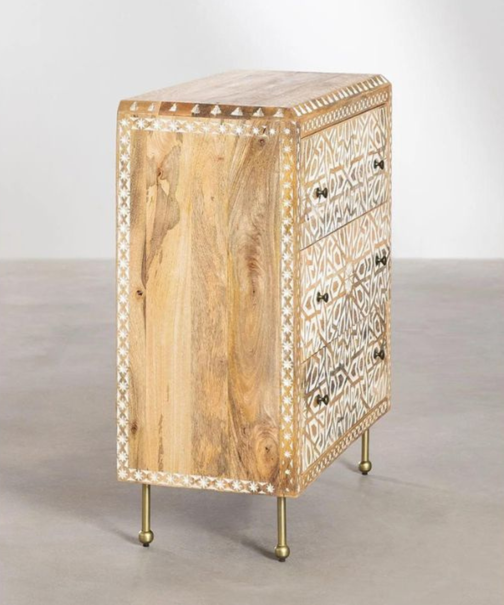 Mango Wood Chest of Drawers with Three Drawers and Iron Legs