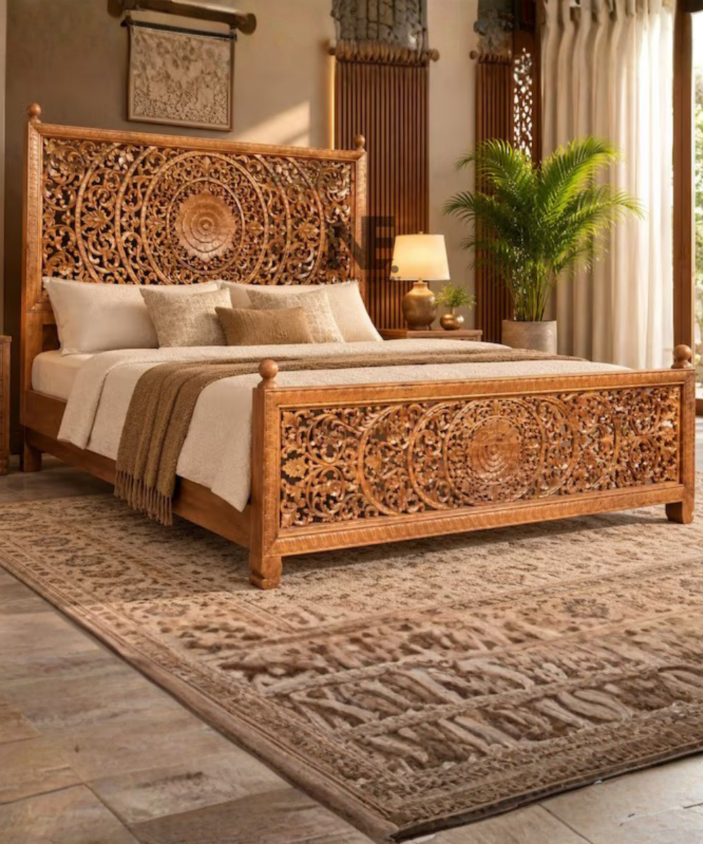 Hand carved solid wood king bed with matching footboard