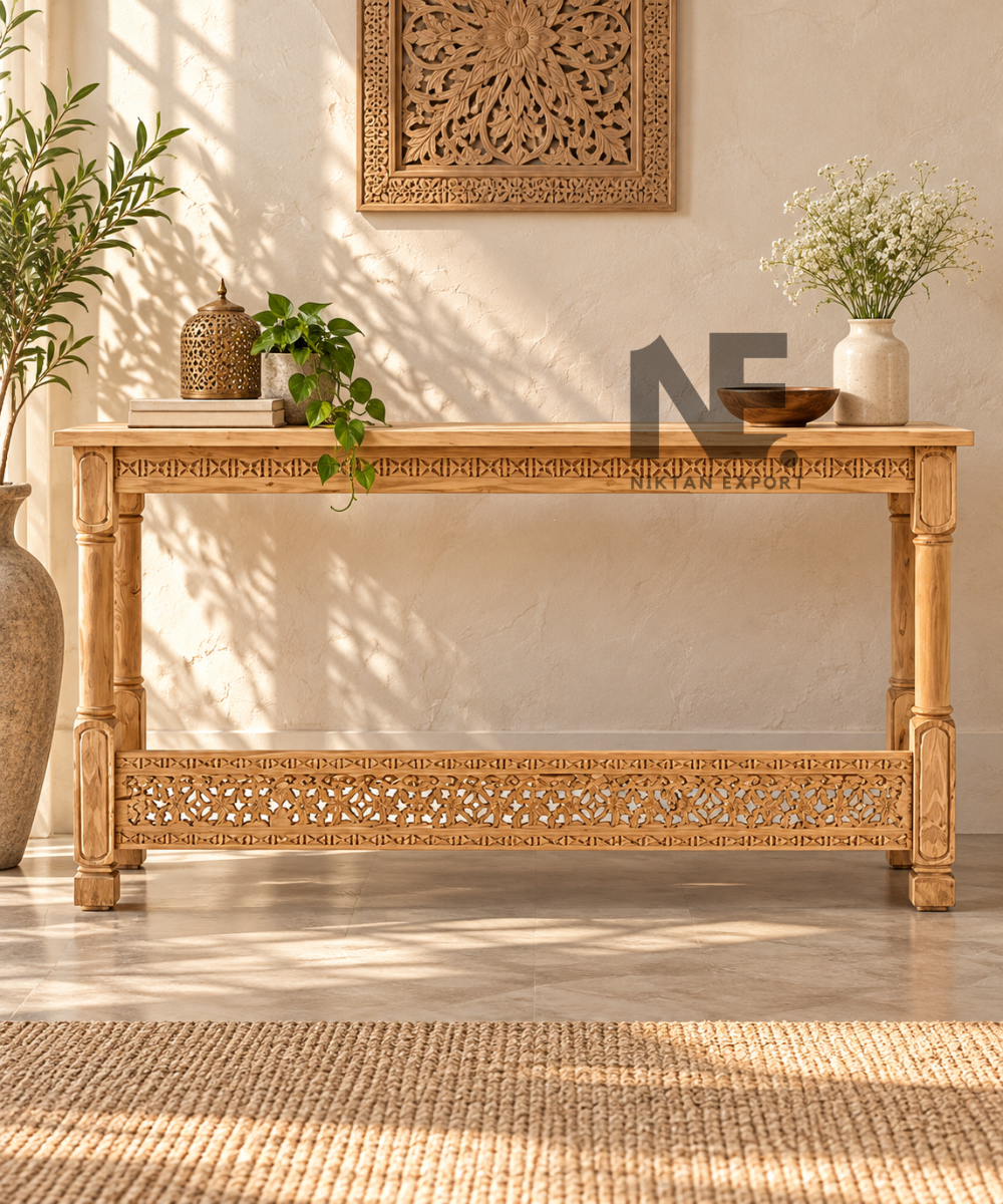 Hand-carved wooden console table in a natural finish