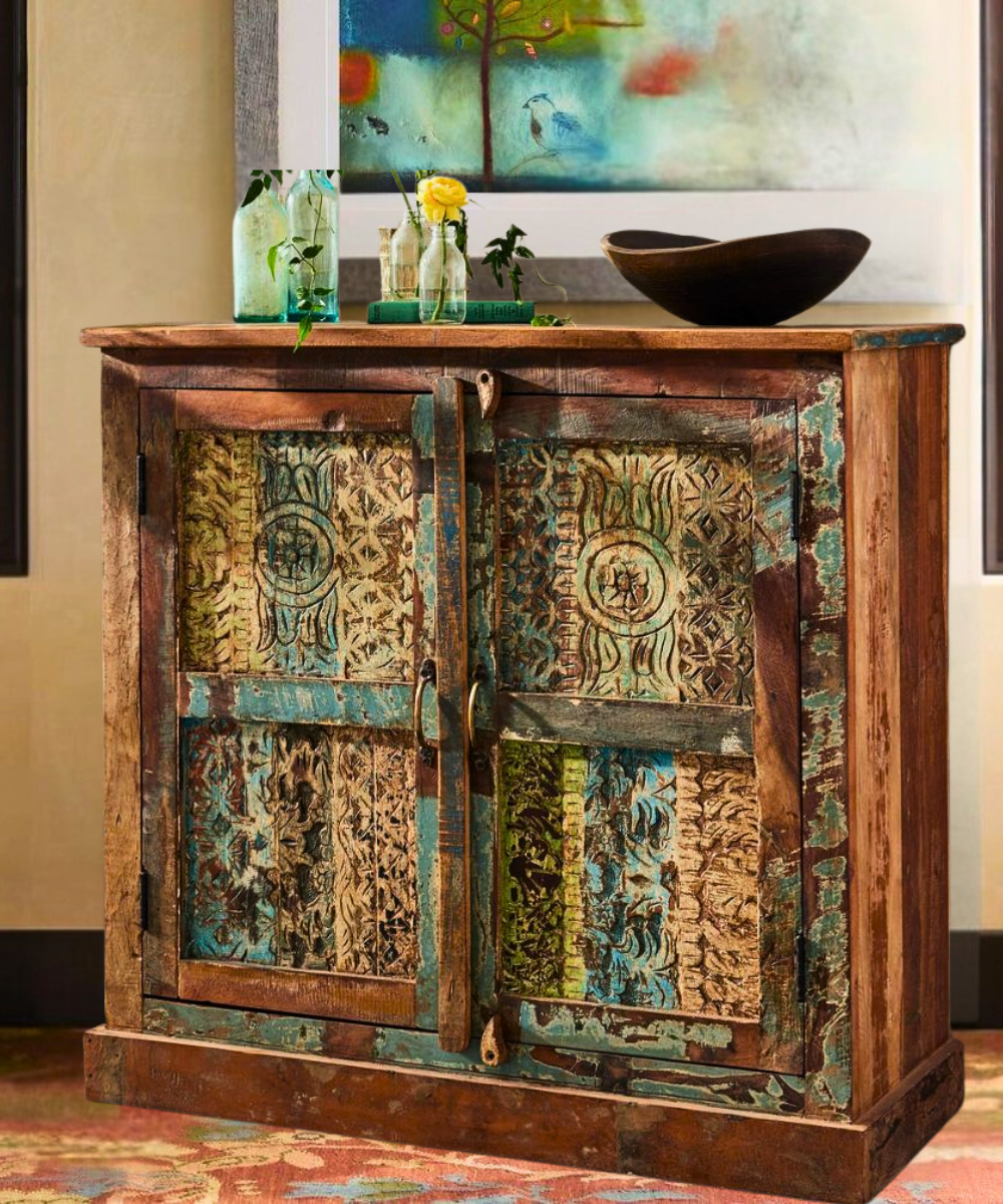 Solid Wooden Sideboard with Distressed Multicolor Finish