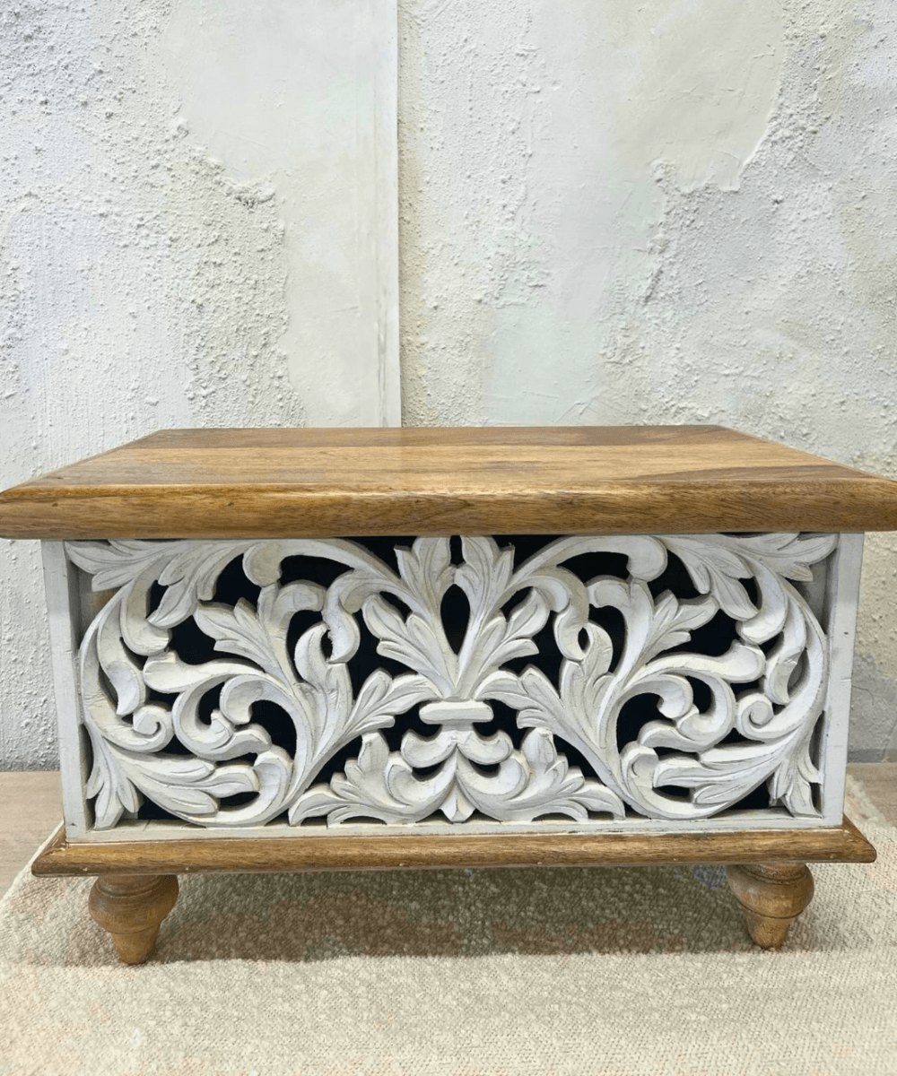 Niktan Export Exquisite Handcrafted Mango Wood Storage Box Table - NikTan Export
Mini Carved Mango Wood Storage Box – Front View