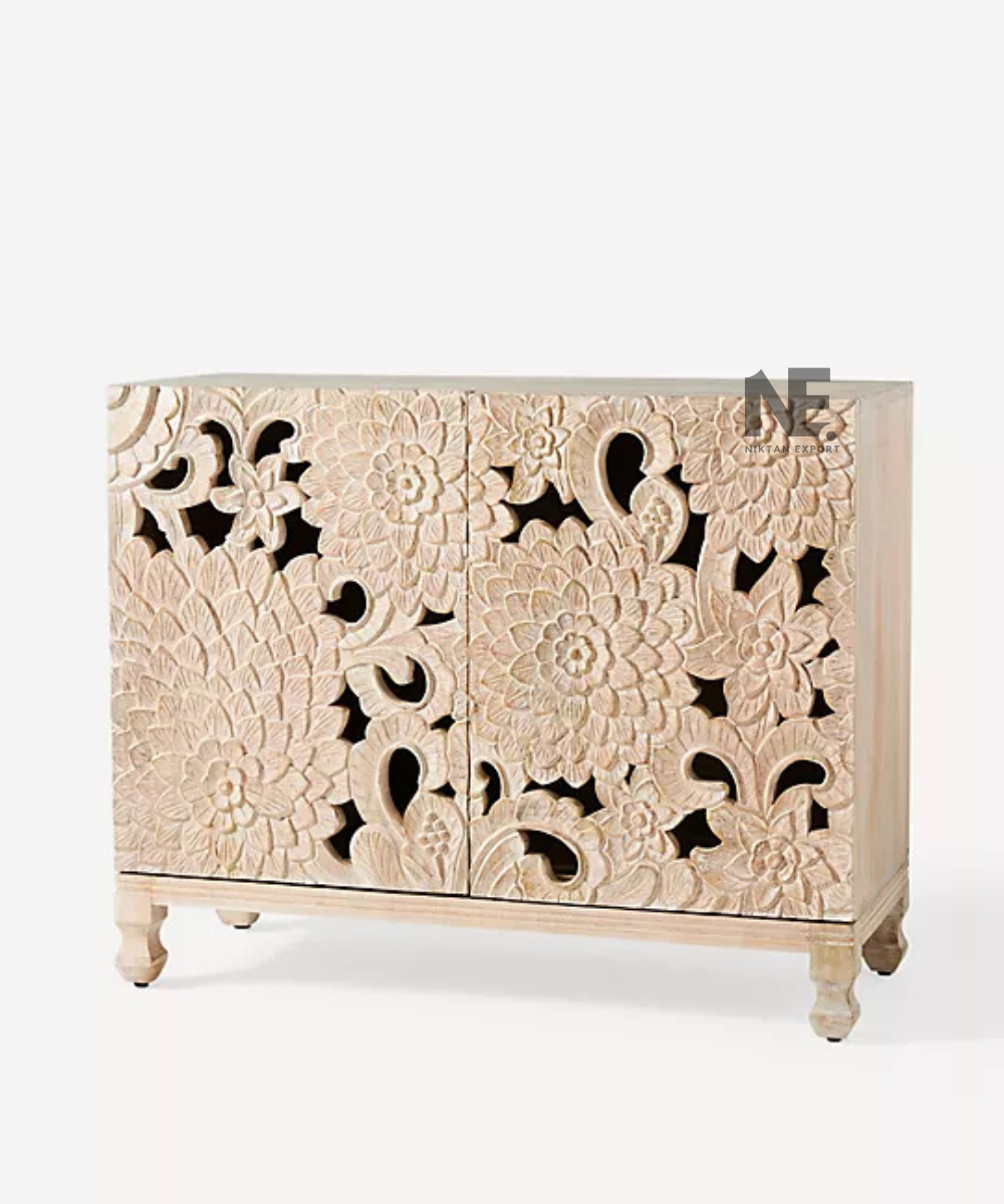 Light natural wood sideboard with two decorative carved doors
