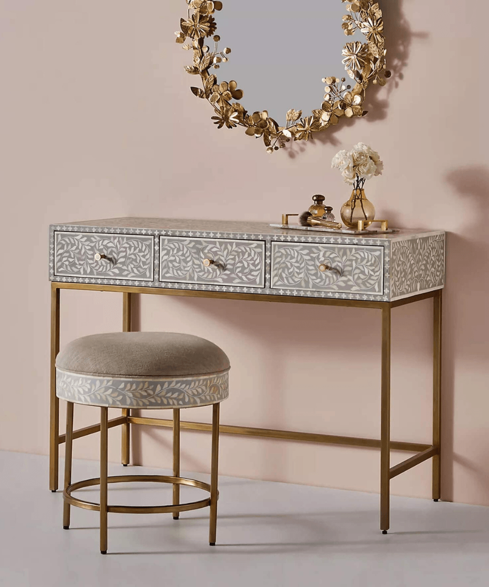 Niktan Export Stylish Bone Inlay Console Table Sleek Grey Finish - NikTan Export
Grey Bone Inlay Console Table – Front View with 3 Drawers