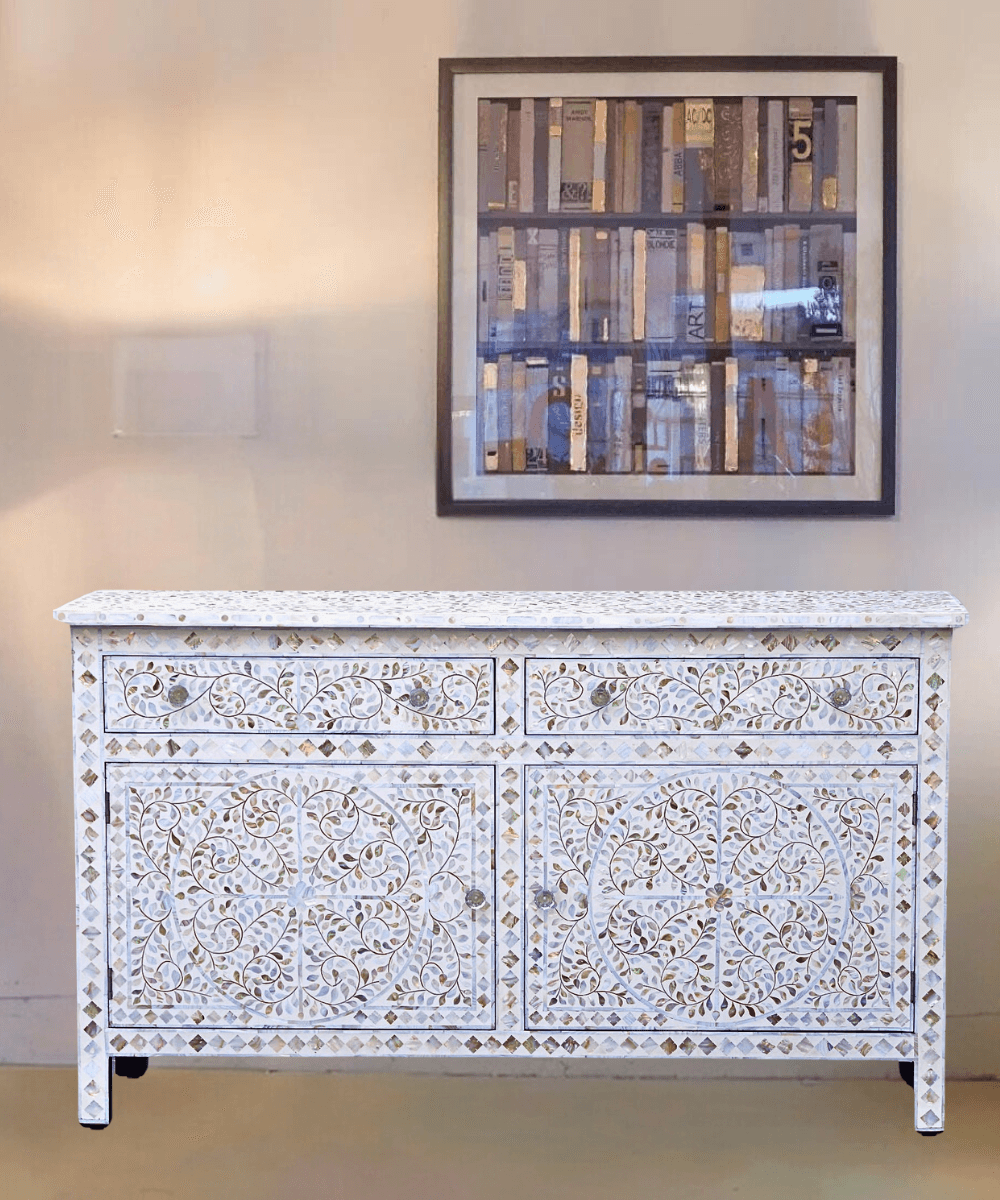 Niktan Export Mother of Pearl Inlay Sideboard Off White Floral Design - NikTan Export
Off White Floral Mother of Pearl Inlay Sideboard – Front View