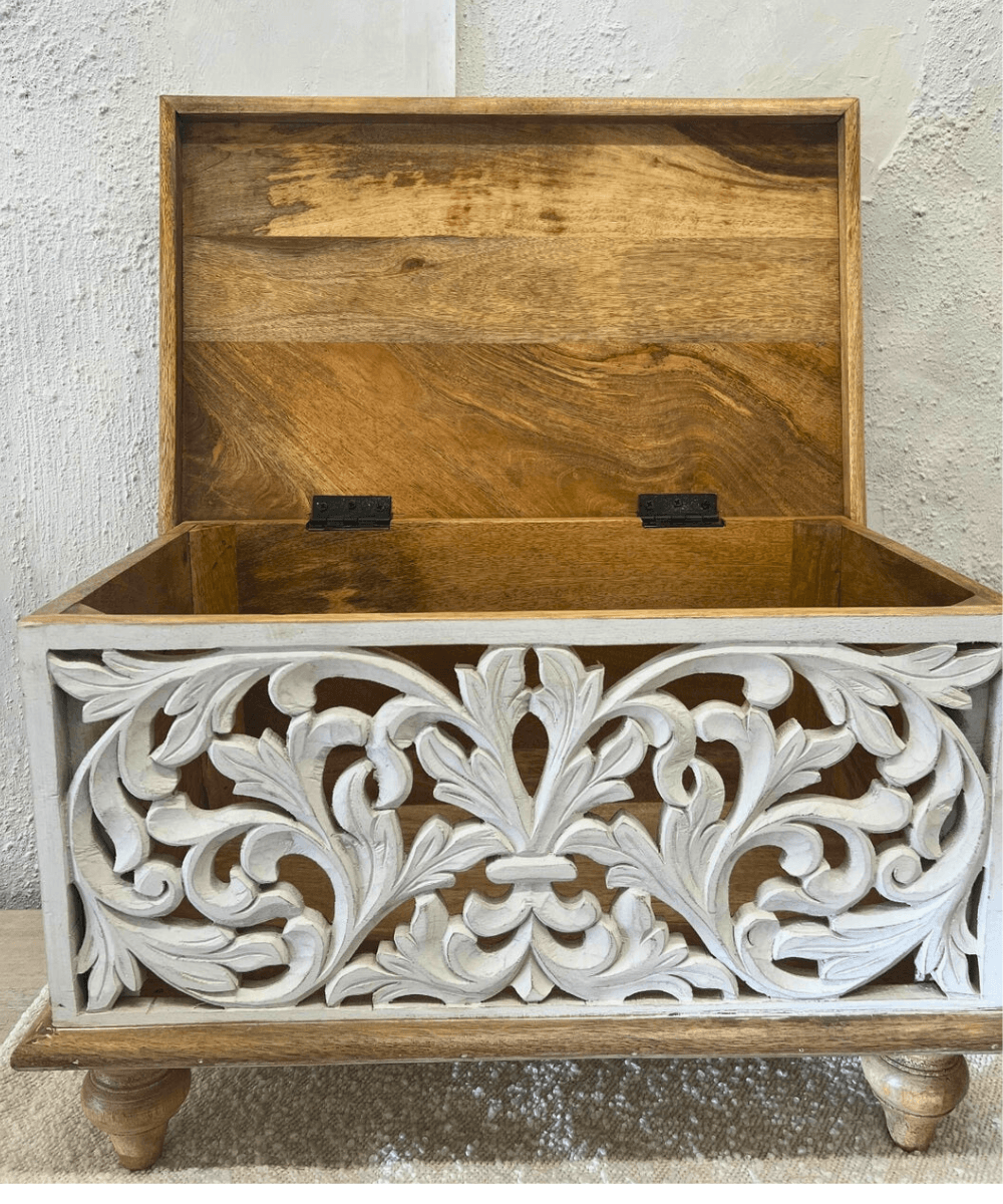 Close-Up of Hand-Carved Detailing on Storage Box