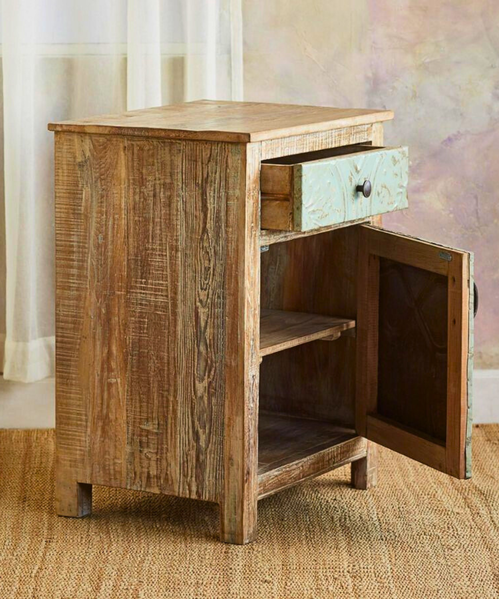 Handcrafted Wooden Nightstand with Pressed Tin Door Panel