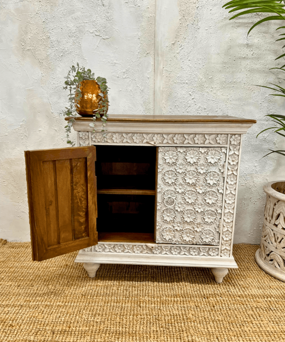 Front view of whitewashed carved mango wood sideboard